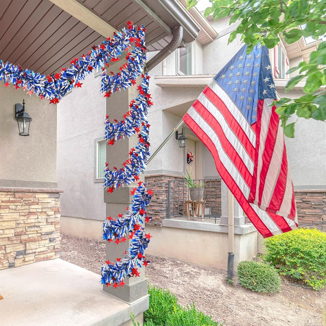 33FT 4th of July Tinsel Garland – Red, White & Blue Patriotic Foil with Stars for Party & Holiday Decor